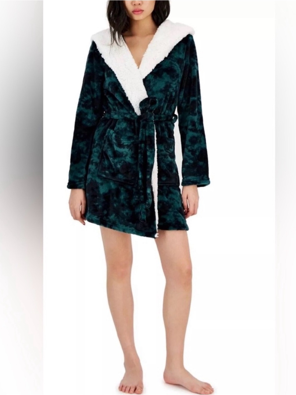 JENNI Women's Green Short Sherpa Hooded Plush Robe Size XS/S